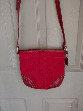 Coach Signature Jacquard Red Leather Trim Crossbody Swingpack